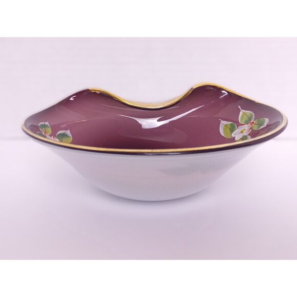 Bohemian Amethyst Purple w Gold Accent Hand Painted Folded Czech Art Glass Bowl - Picture 8 of 15